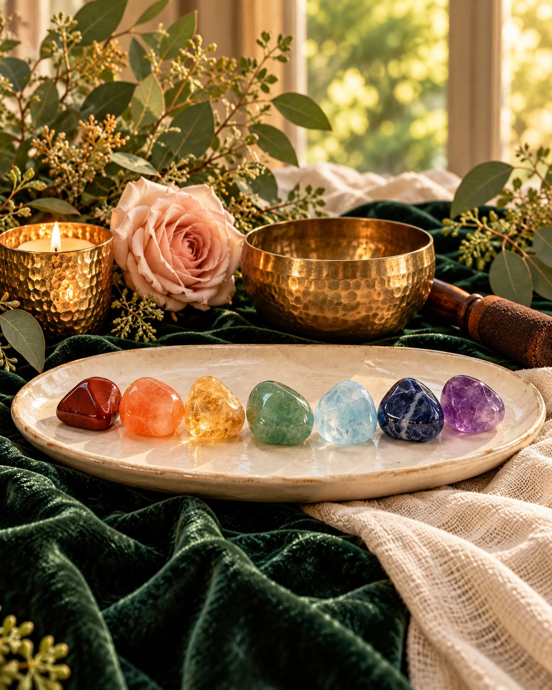 All seven chakra crystals on a ceramic tray beside a singing bowl, rose and candle