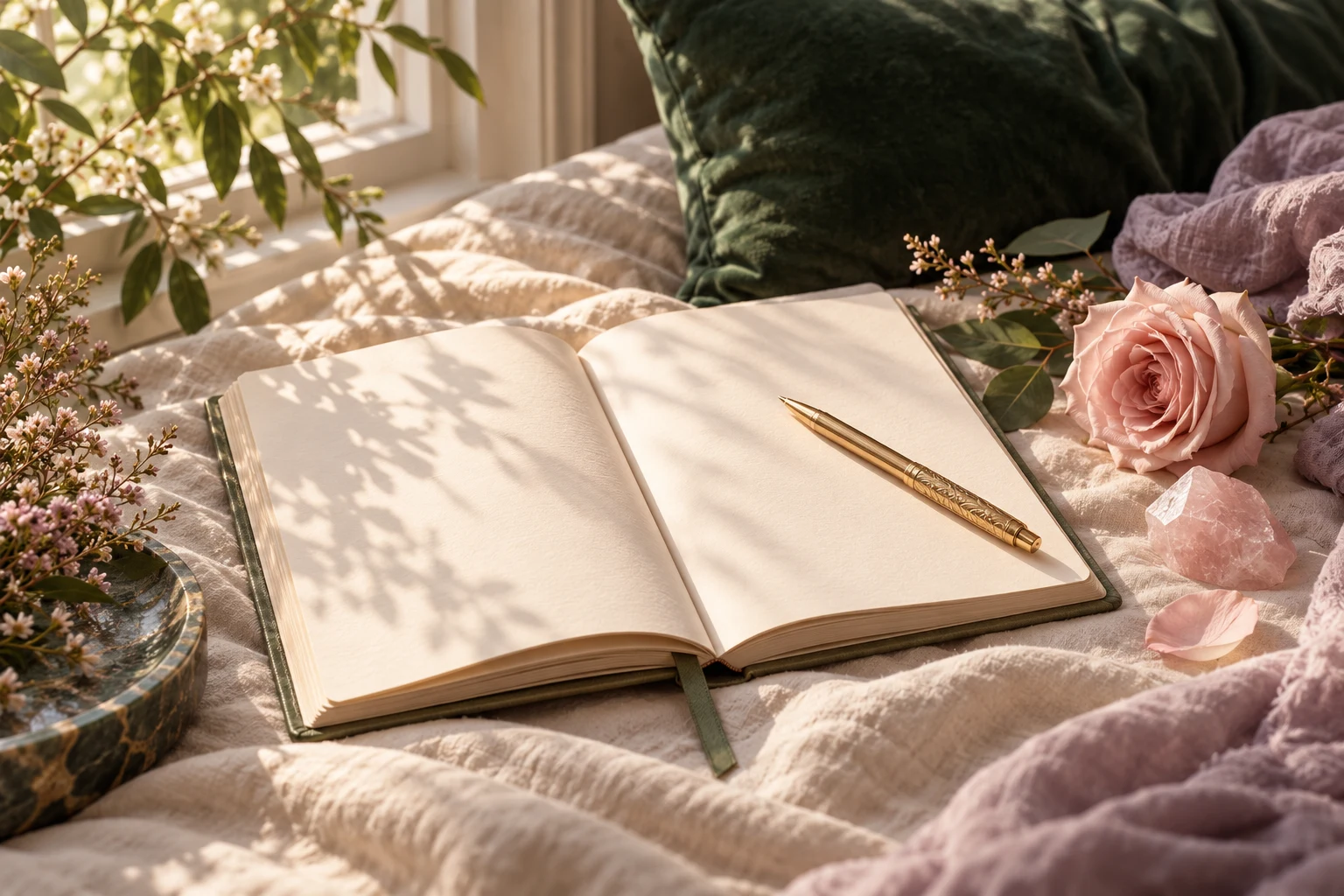 An open journal and gold pen beside a pink rose in soft window light