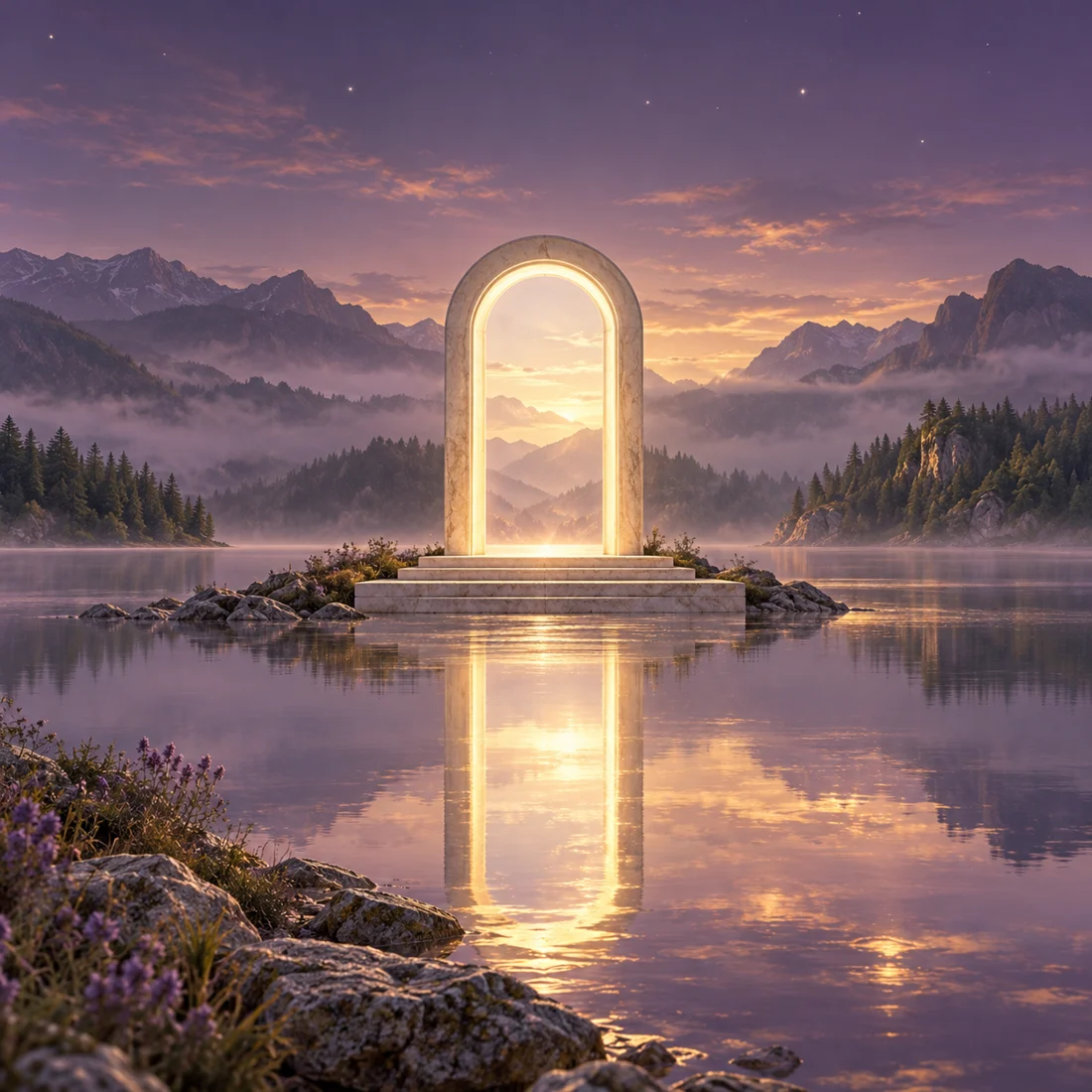 A glowing doorway beneath a lavender sky