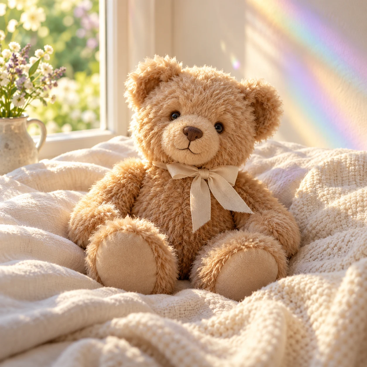 A teddy bear resting in warm sunlight
