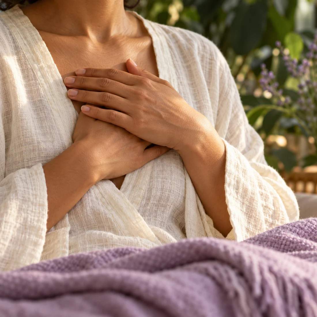 Hands resting gently over the heart